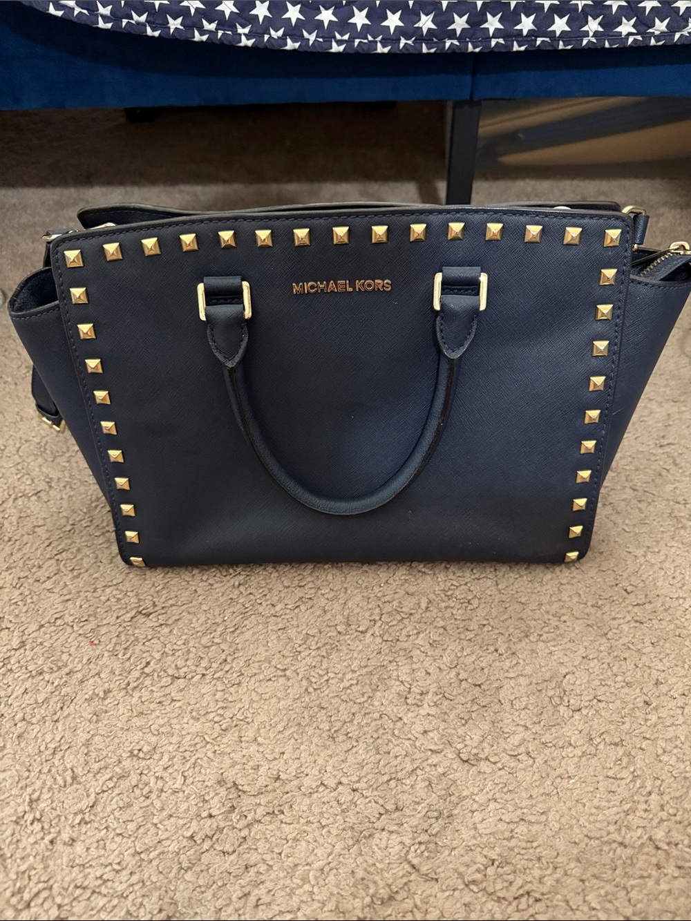 Michael Kors Navy Saffiano Leather Satchel with Gold Studs